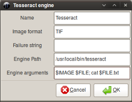 OCRFeeder Tesseract engine configuration dialog view