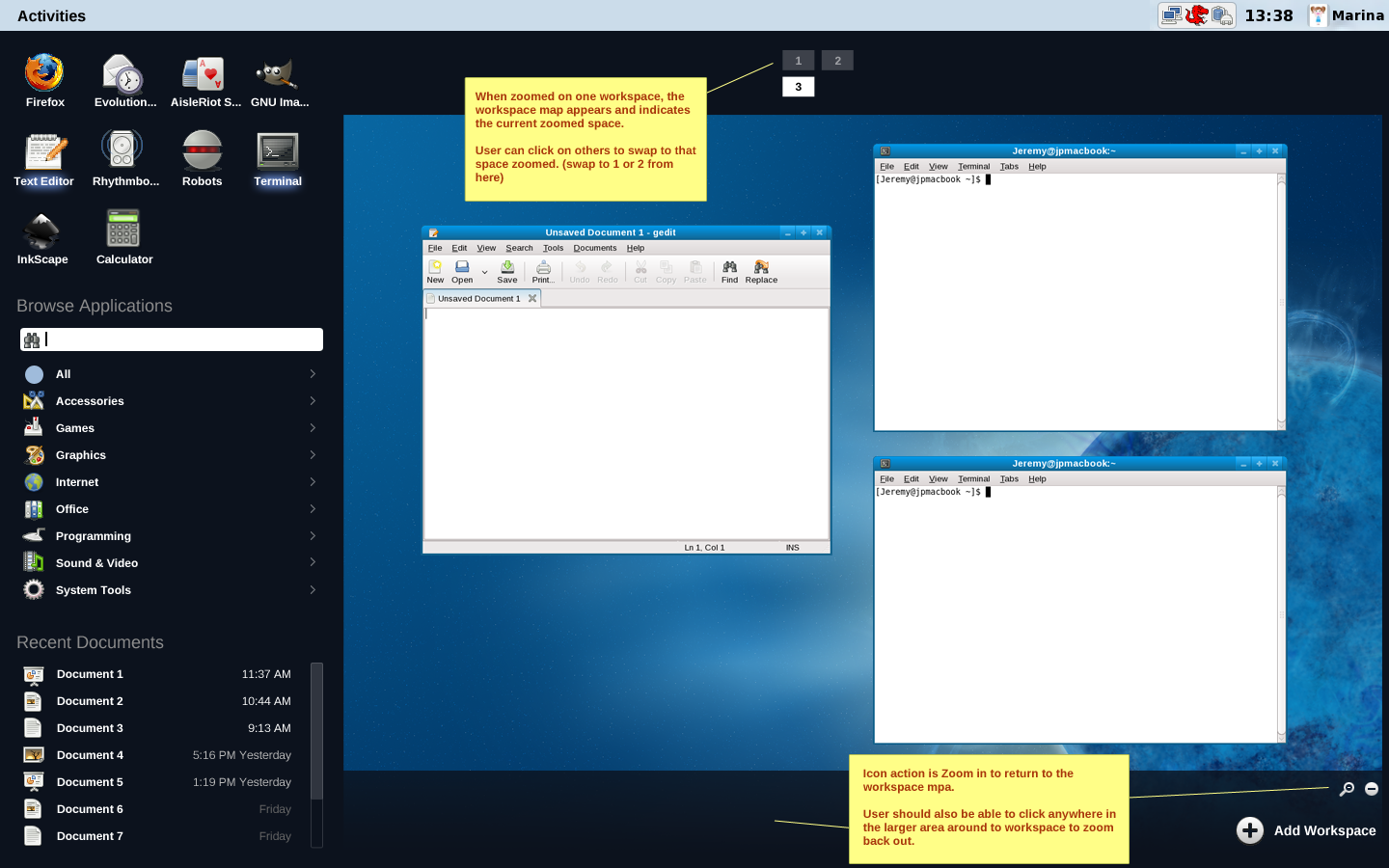 Default View with multiple workspaces, zoomed on space 3