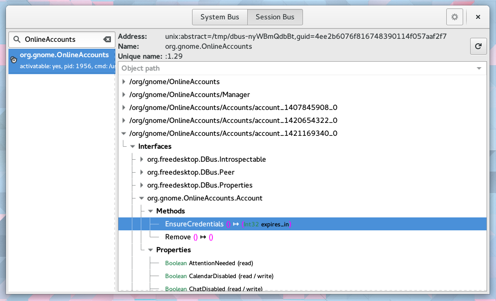 Using d-feet to access the D-Bus APIs